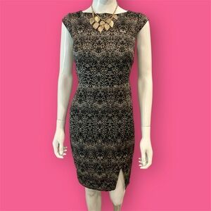 Black and Gold Sheath Midi Dress Crew Neck Cocktail